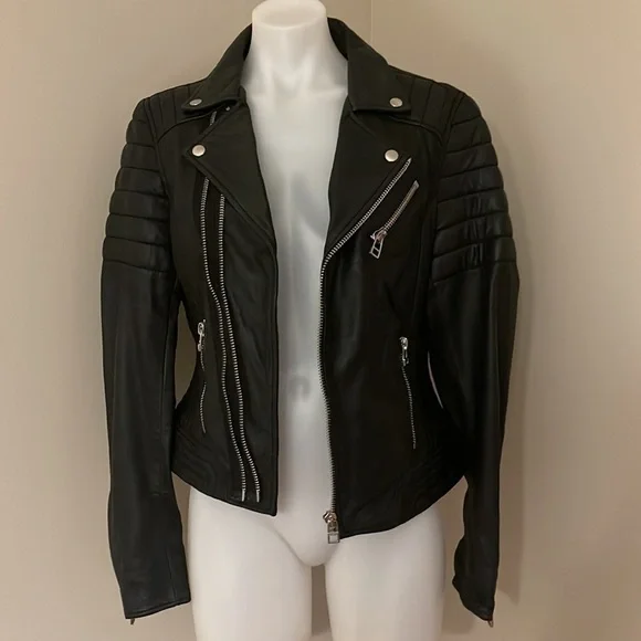 (NWT) Goosecraft Dual Zip Leather Black Biker Jacket, Medium